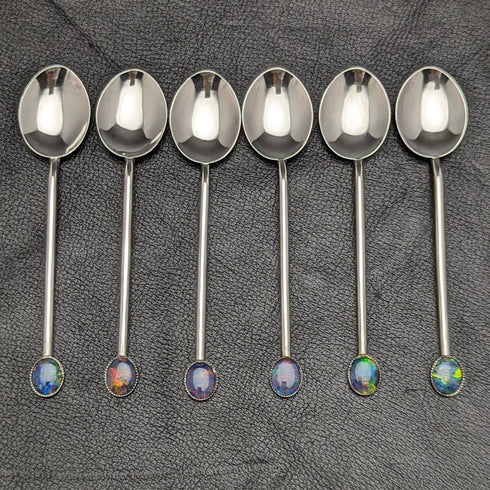 Vintage Sterling Silver Teaspoon Set of 6 Opal Decorated Case